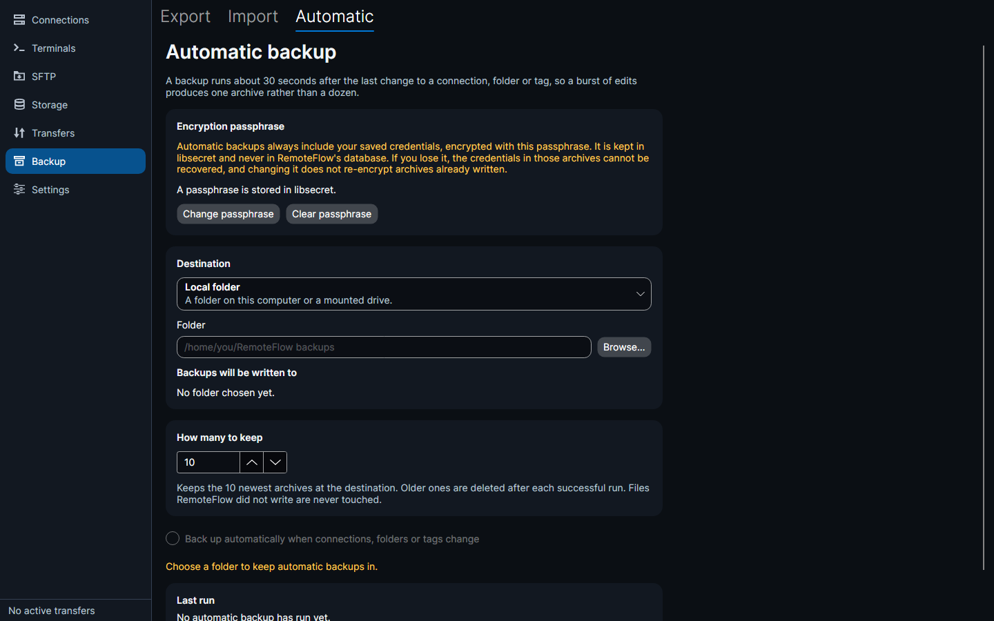 Automatic backup: passphrase, destination, retention, last run