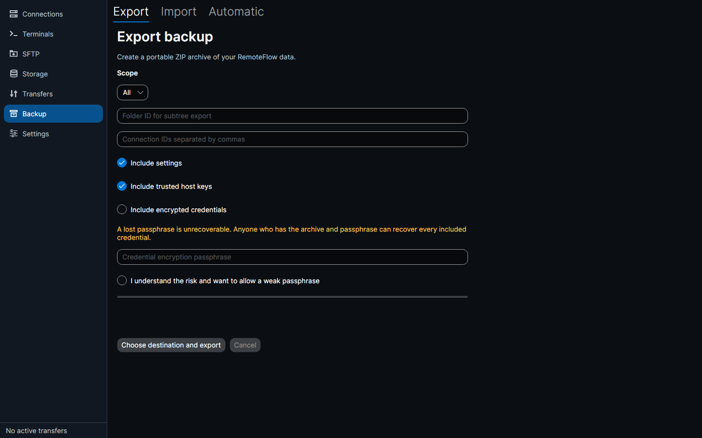 Export scope, what to include, and the credential encryption warning