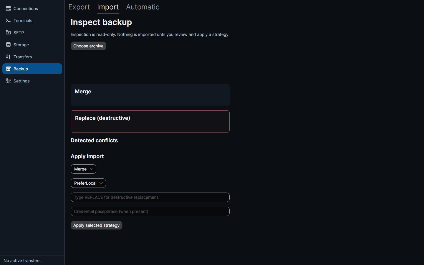 Import with merge or replace and a conflict policy