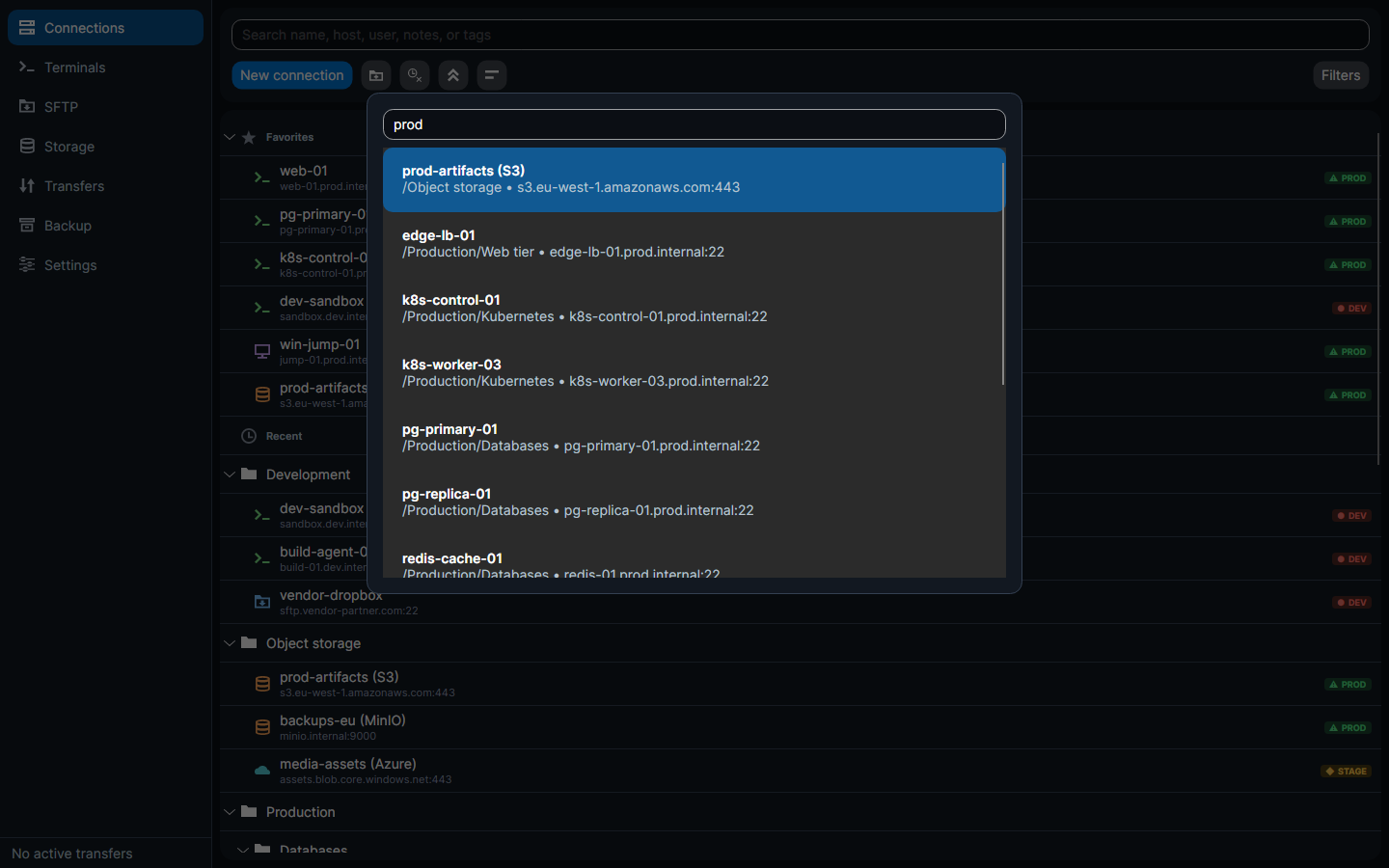 The Ctrl+K command palette over the connections page