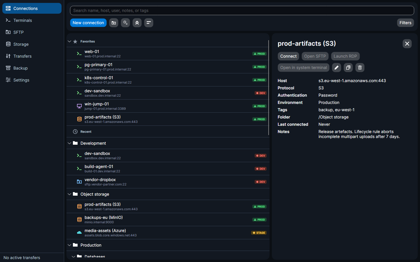 An S3 connection's details pane