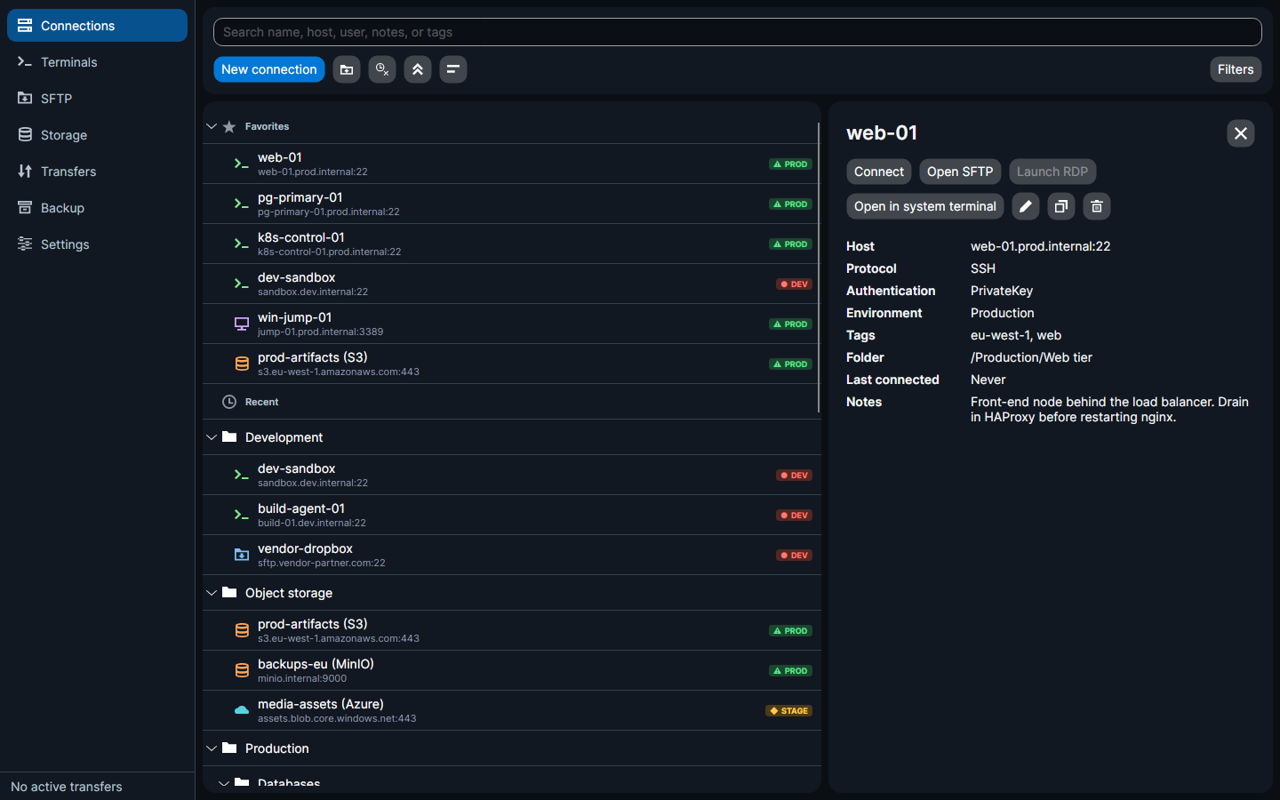 An SSH connection's details pane with actions, tags and notes
