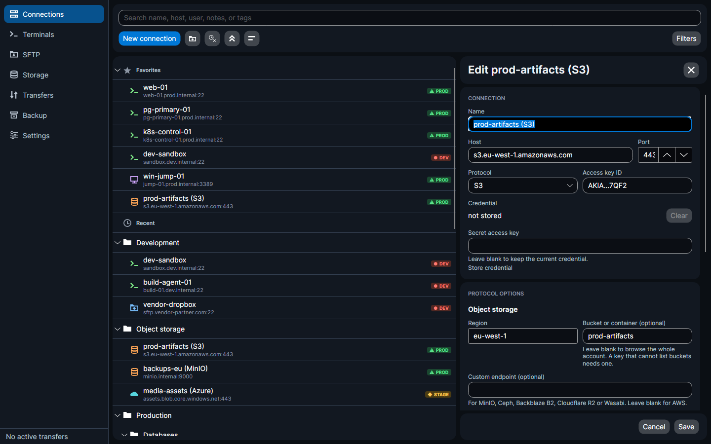 The connection editor's S3 card: region, endpoint, bucket, prefix