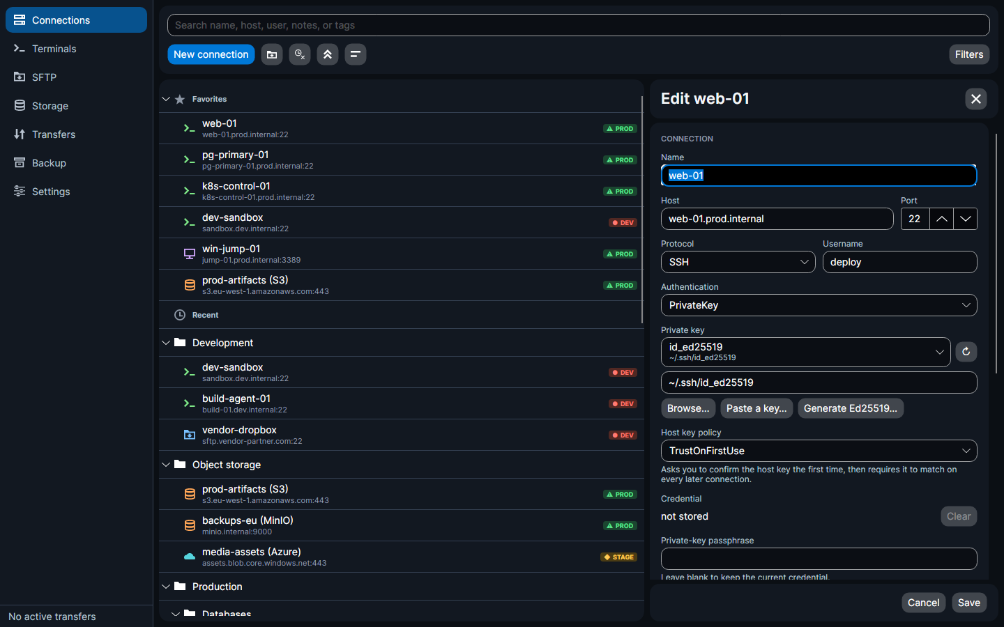 The card-stack editor for an SSH host with key picker and host key policy