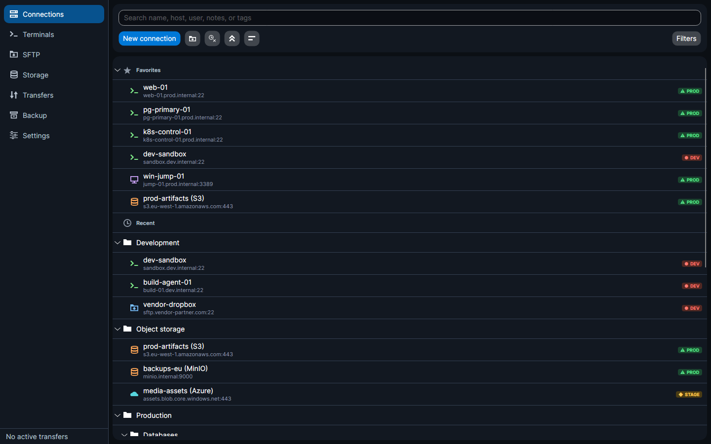 The RemoteFlow connections page: a folder tree of saved connections with favourites, protocol glyphs and environment chips