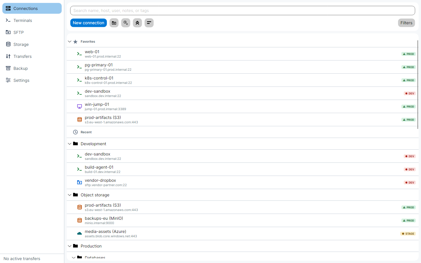 The connections page in the light theme