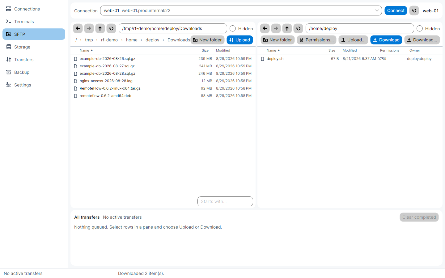 The SFTP workspace in the light theme