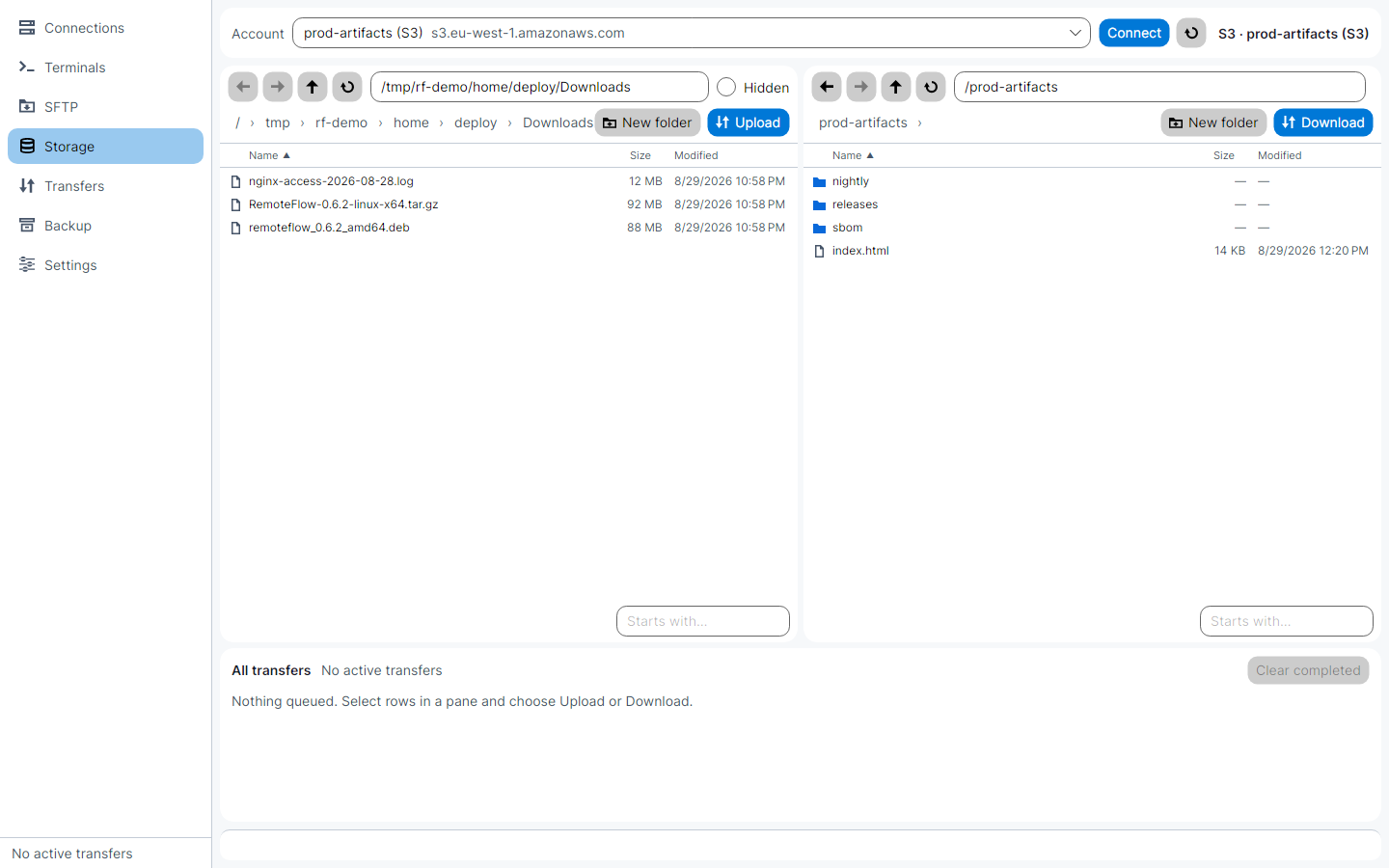 The storage workspace in the light theme