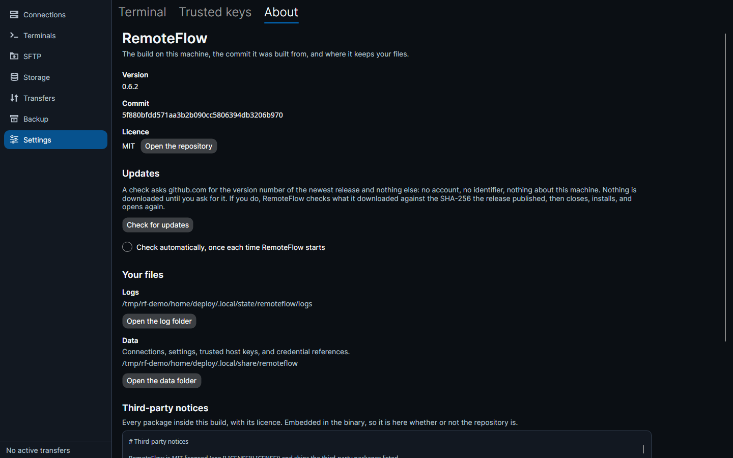 The About settings page with version, update opt-in, file locations and third-party notices