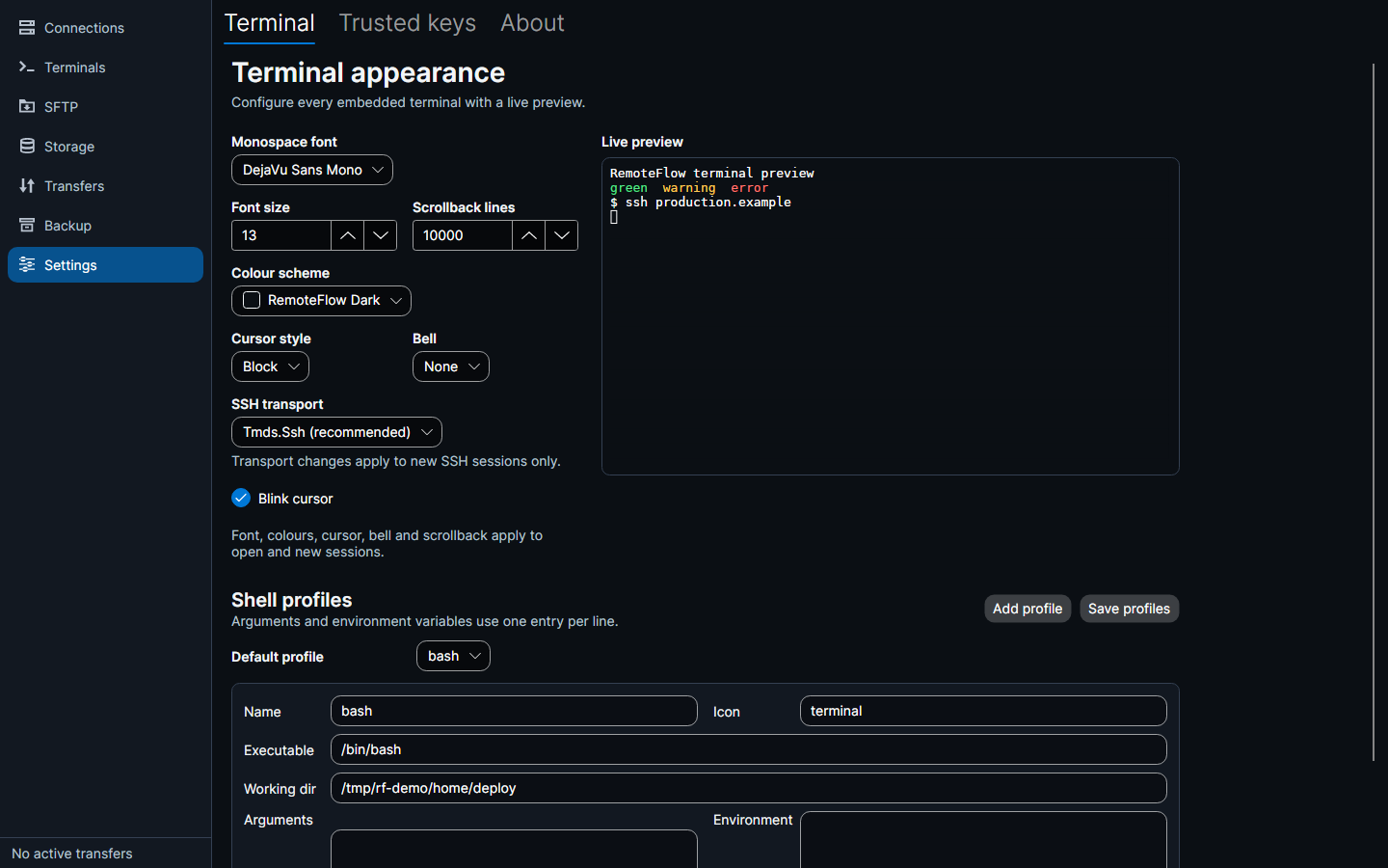 Terminal appearance settings with a live preview and shell profiles