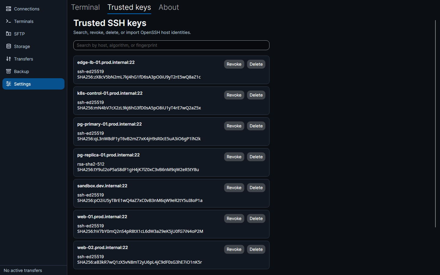Trusted SSH host keys with revoke and delete