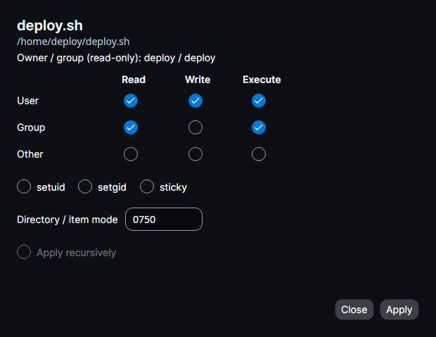 The permission editor with an octal box and recursive apply