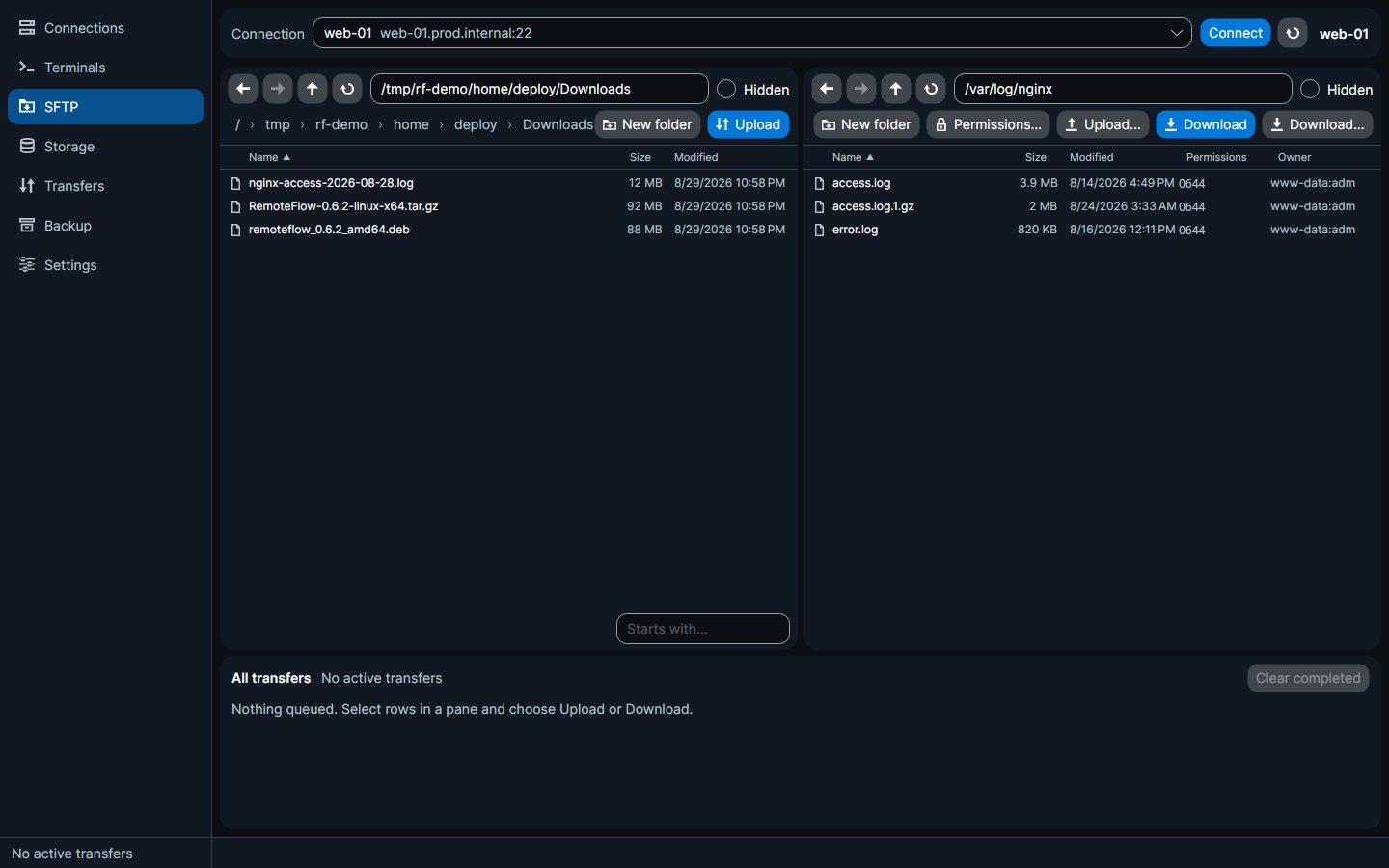 Files selected on the remote pane