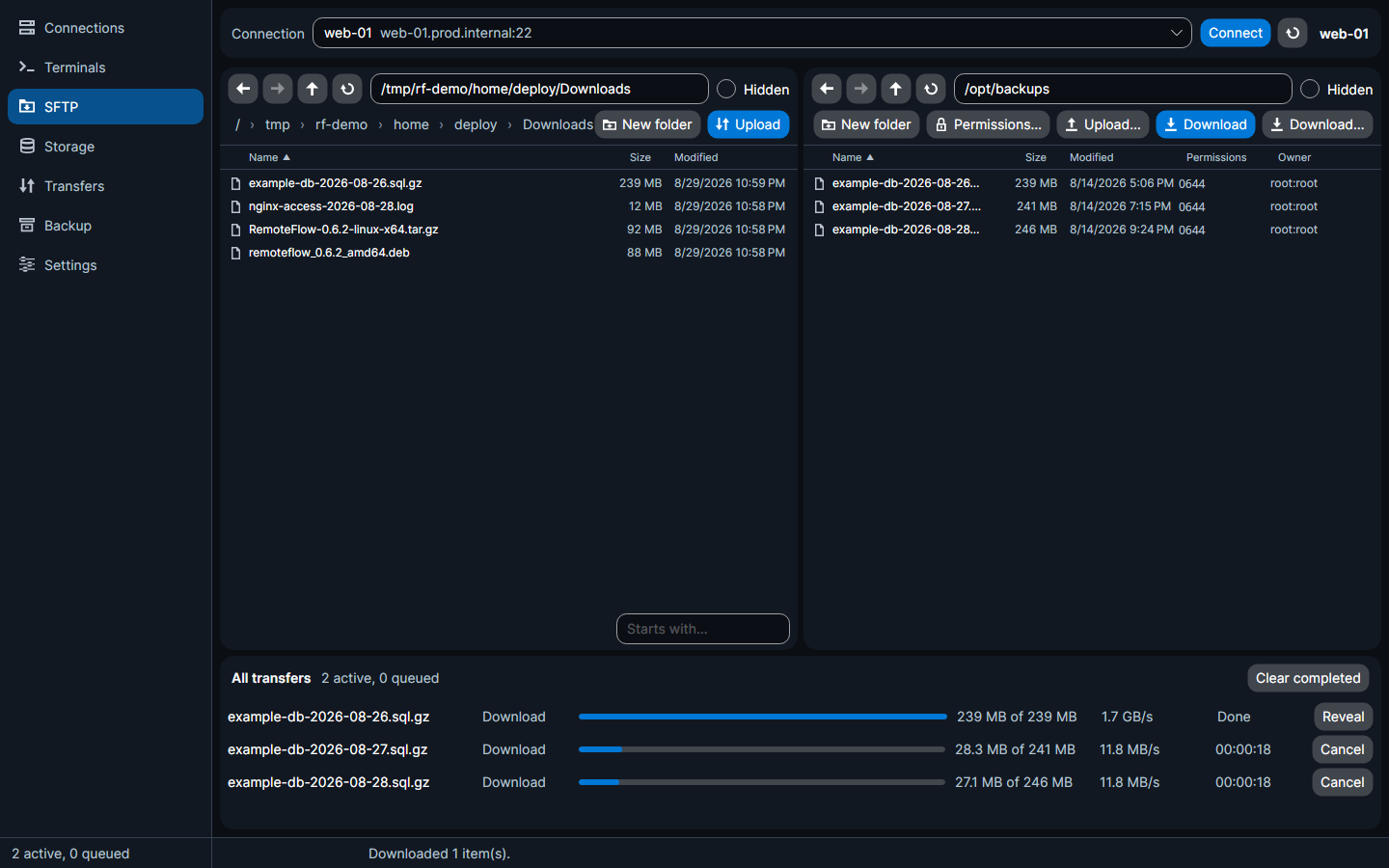 Dual-pane SFTP browser with three live transfers in the queue