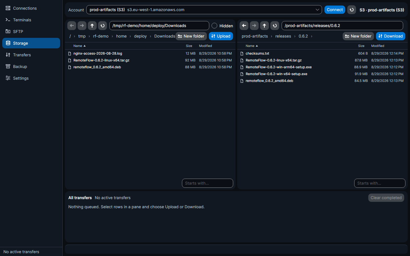 Storage workspace: local files beside an S3 bucket prefix