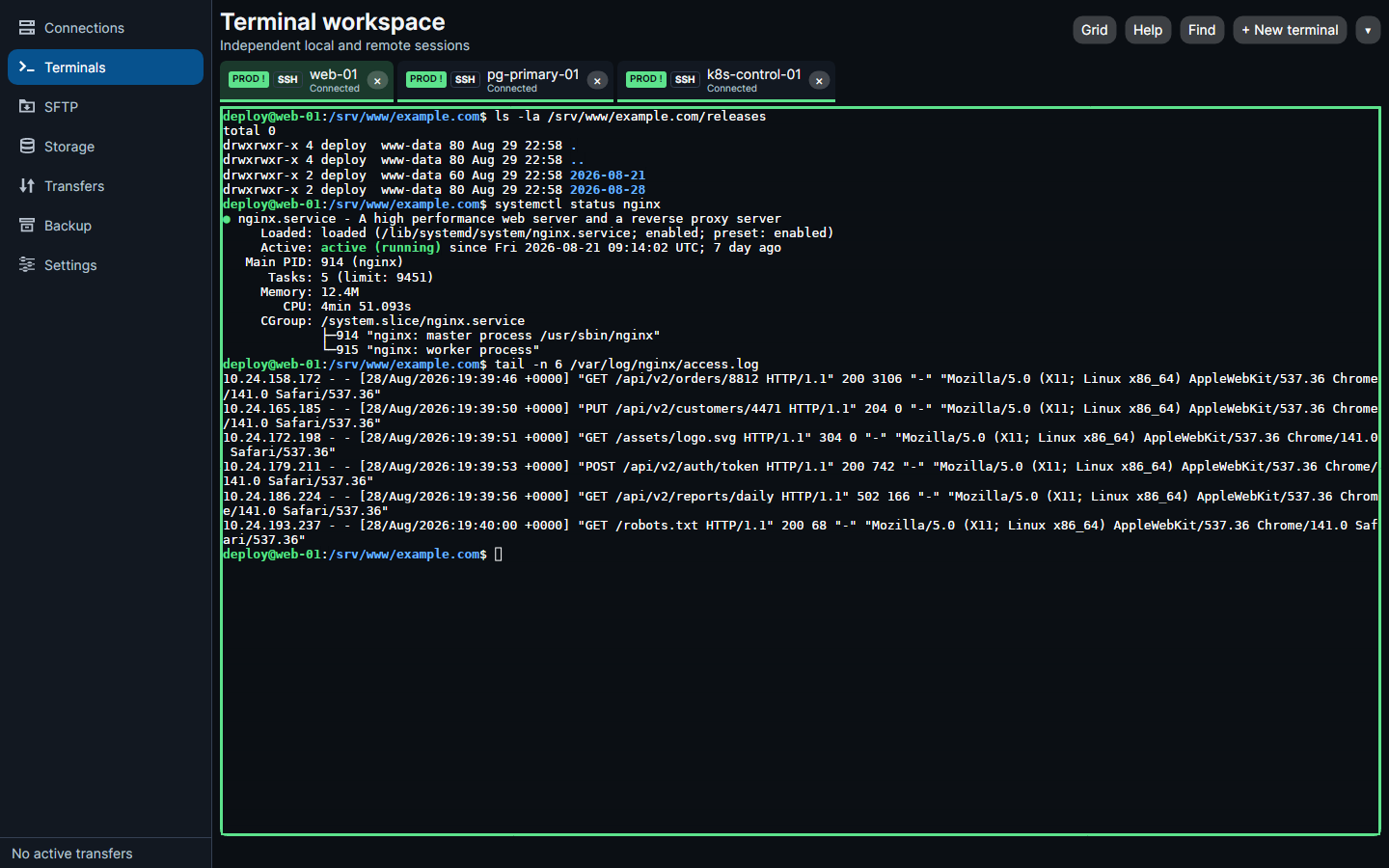 A live SSH session in a RemoteFlow terminal tab