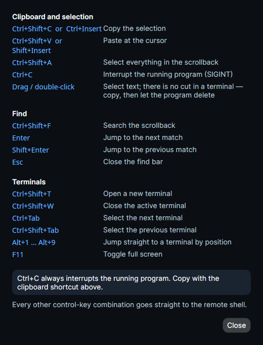 The terminal keybindings reference dialog