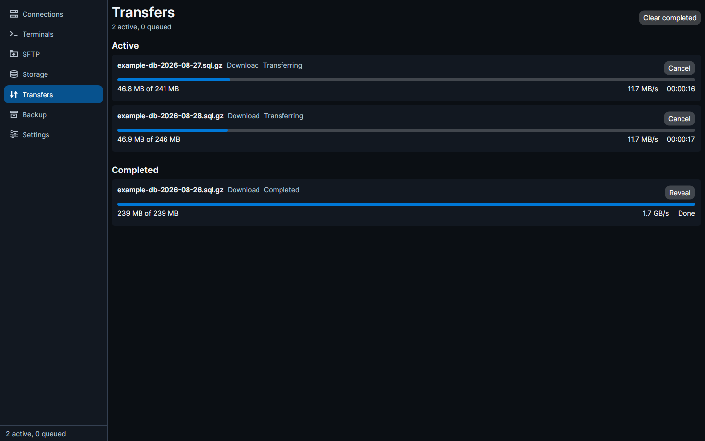 The transfers page showing throughput and ETA per item